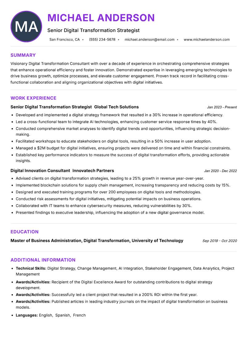 Digital Transformation Consultant resume example — ATS-friendly template
