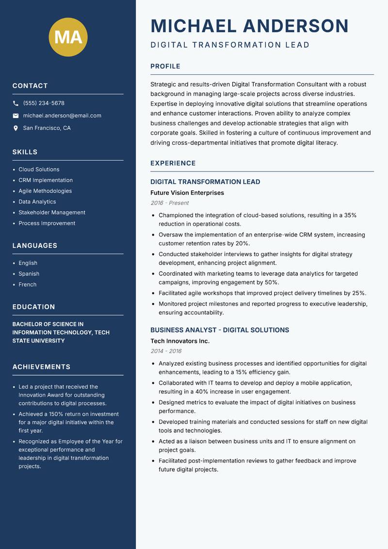Digital Transformation Consultant resume template — Classic Clean