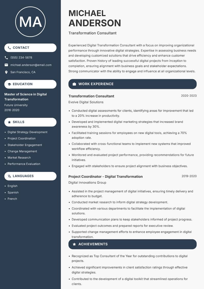 Digital Transformation Consultant resume template — Compact