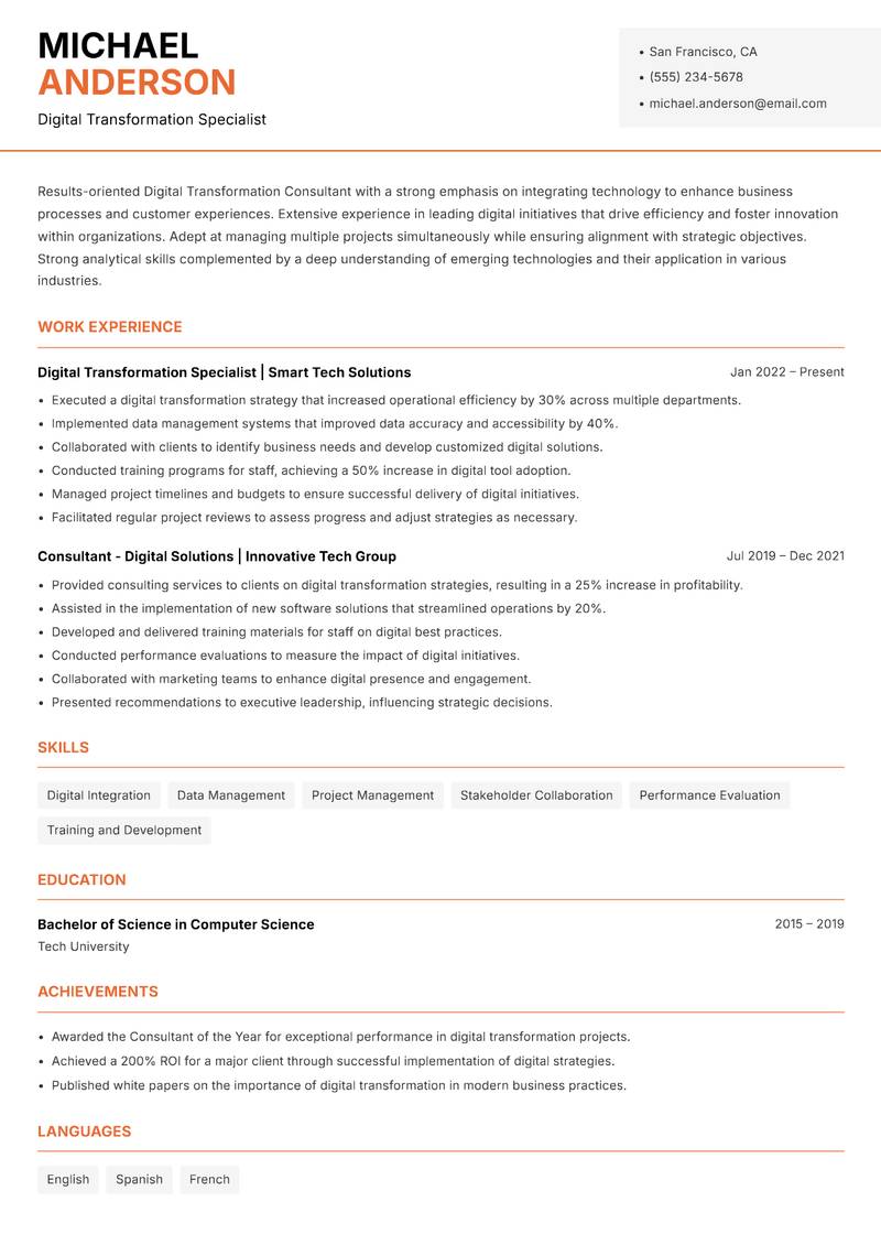 Digital Transformation Consultant resume template — Modern Professional