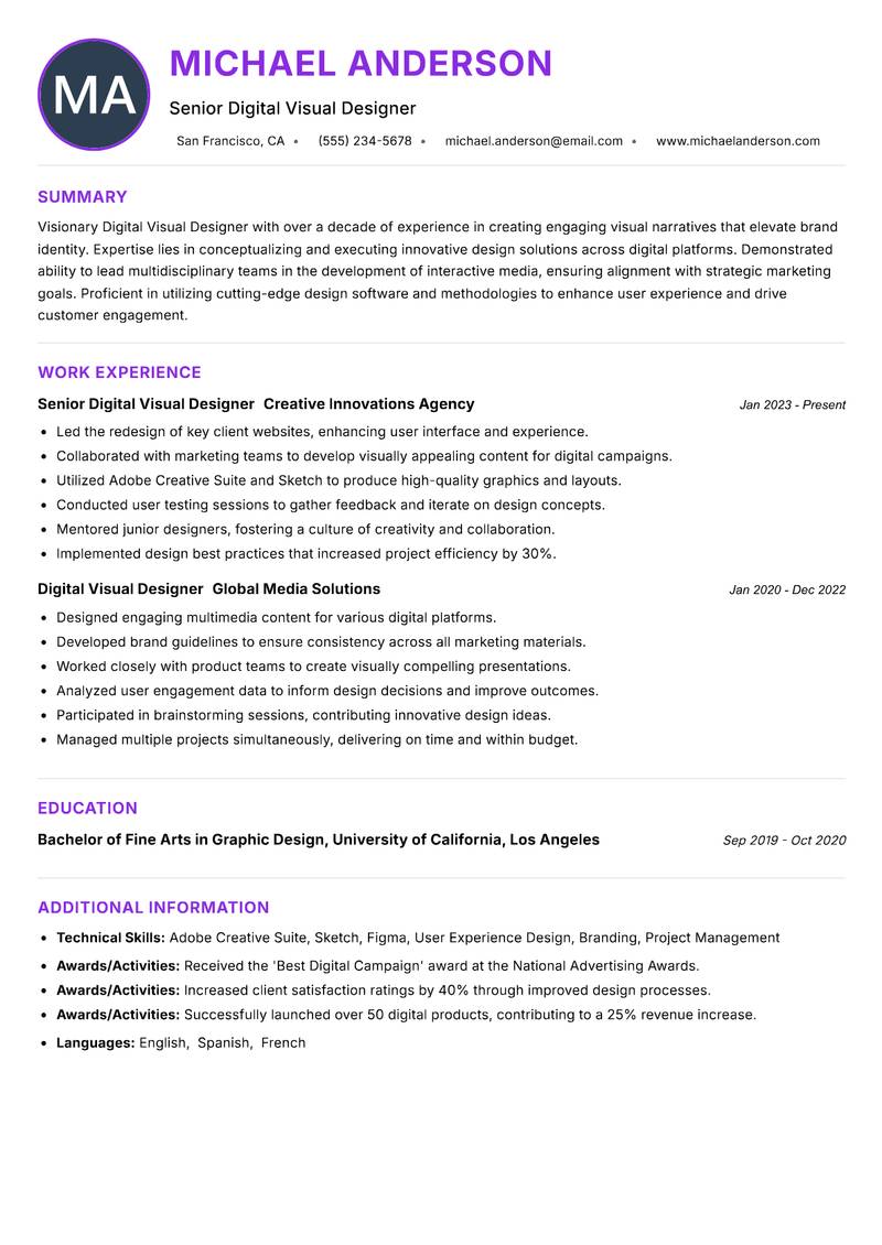 Digital Visual Designer resume example — ATS-friendly template