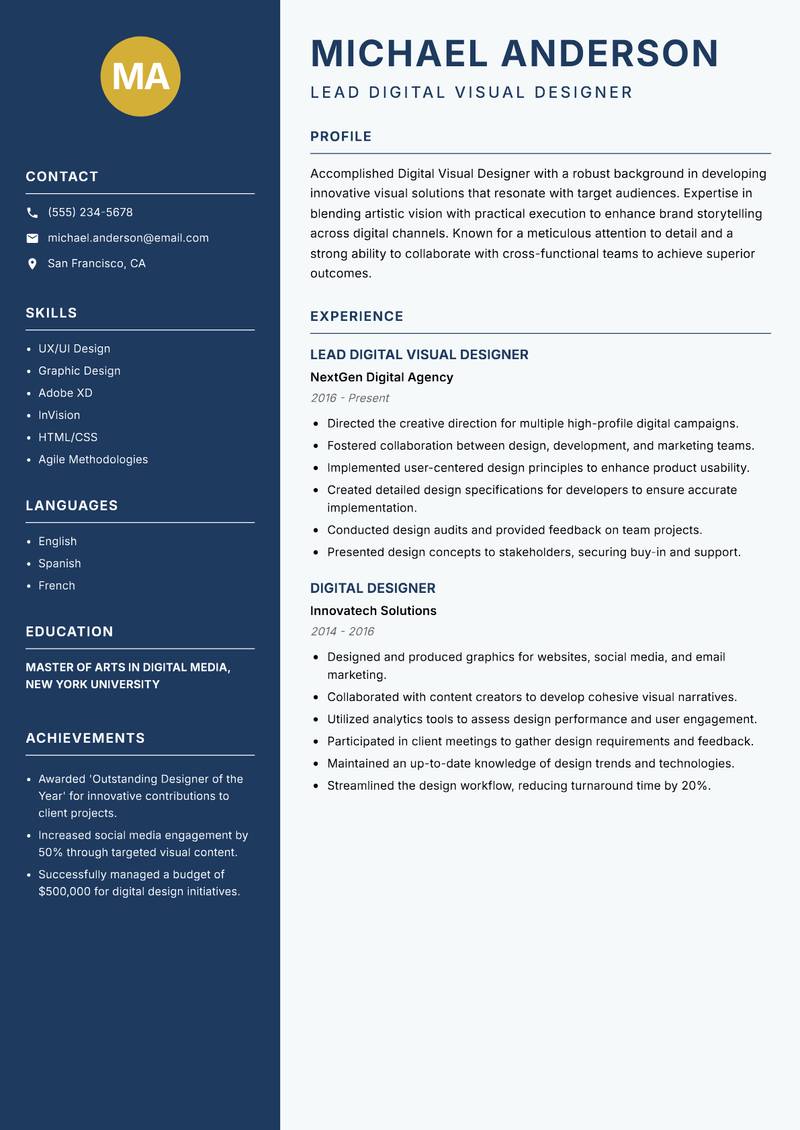 Digital Visual Designer resume template — Classic Clean