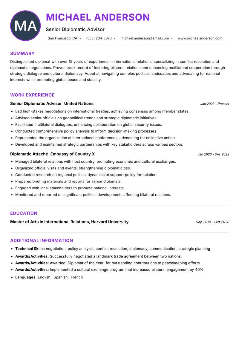 Diplomat resume example — ATS-friendly template