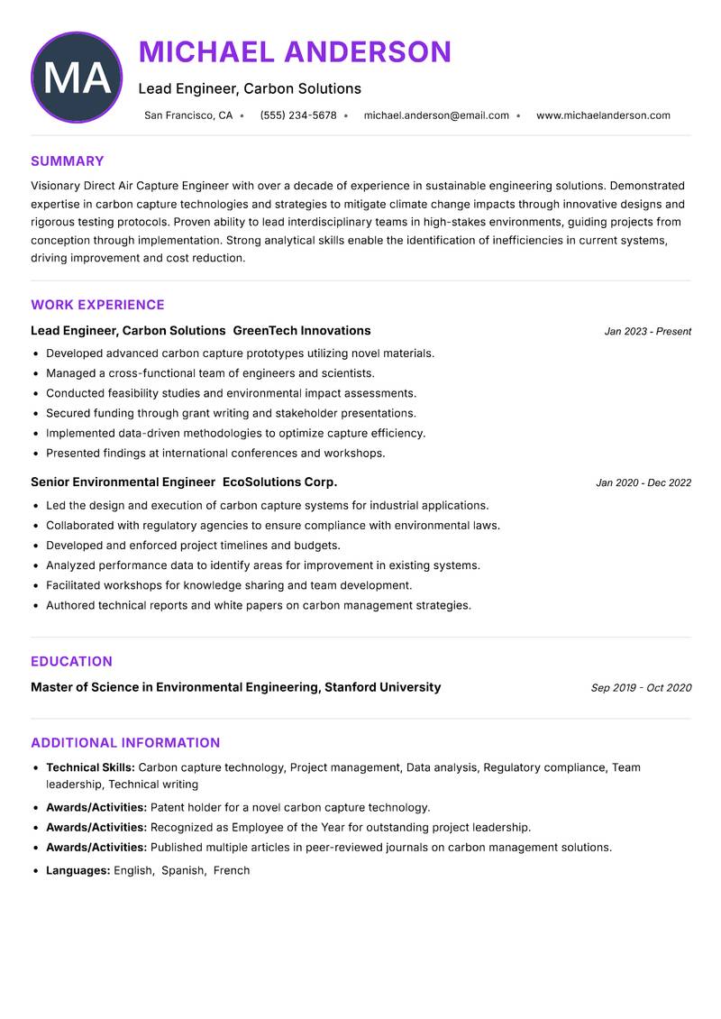 Direct Air Capture Engineer resume example — ATS-friendly template