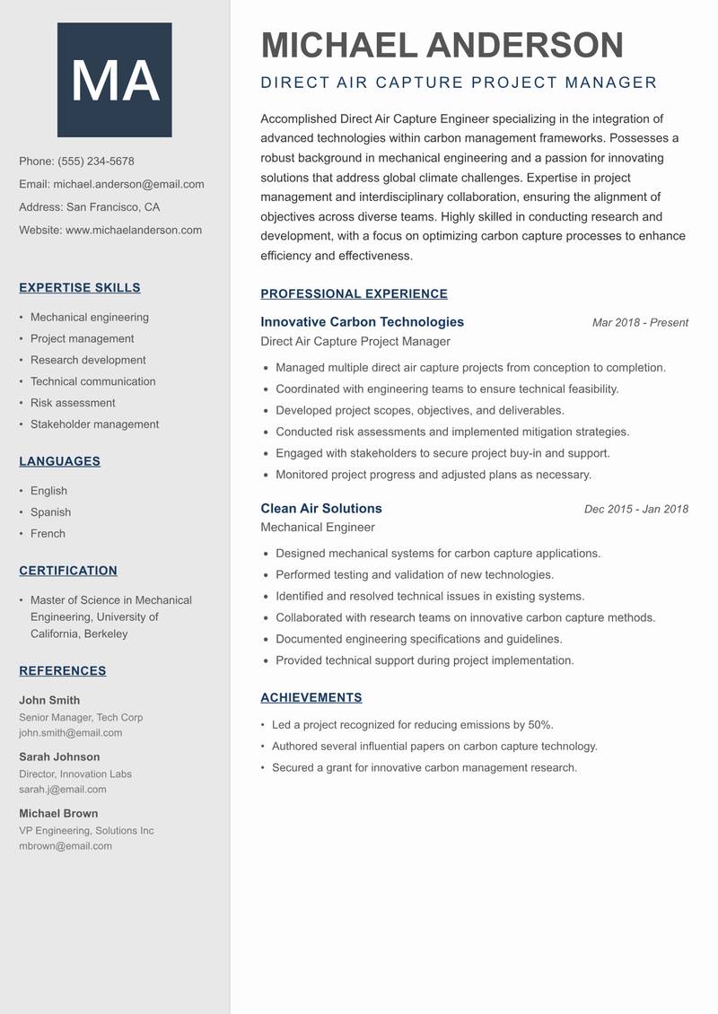 Direct Air Capture Engineer resume template — Creative Minimal