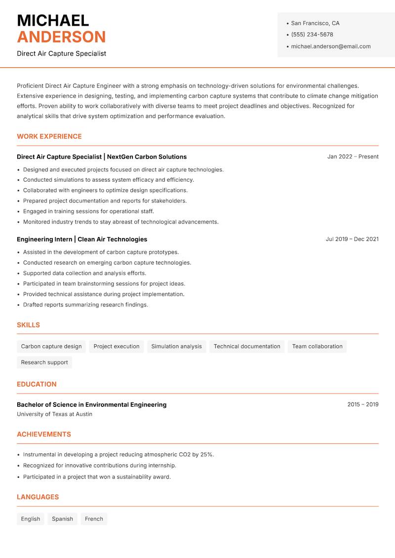 Direct Air Capture Engineer resume template — Modern Professional