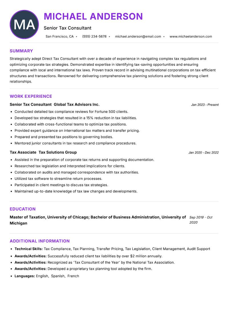 Direct Tax Consultant resume example — ATS-friendly template