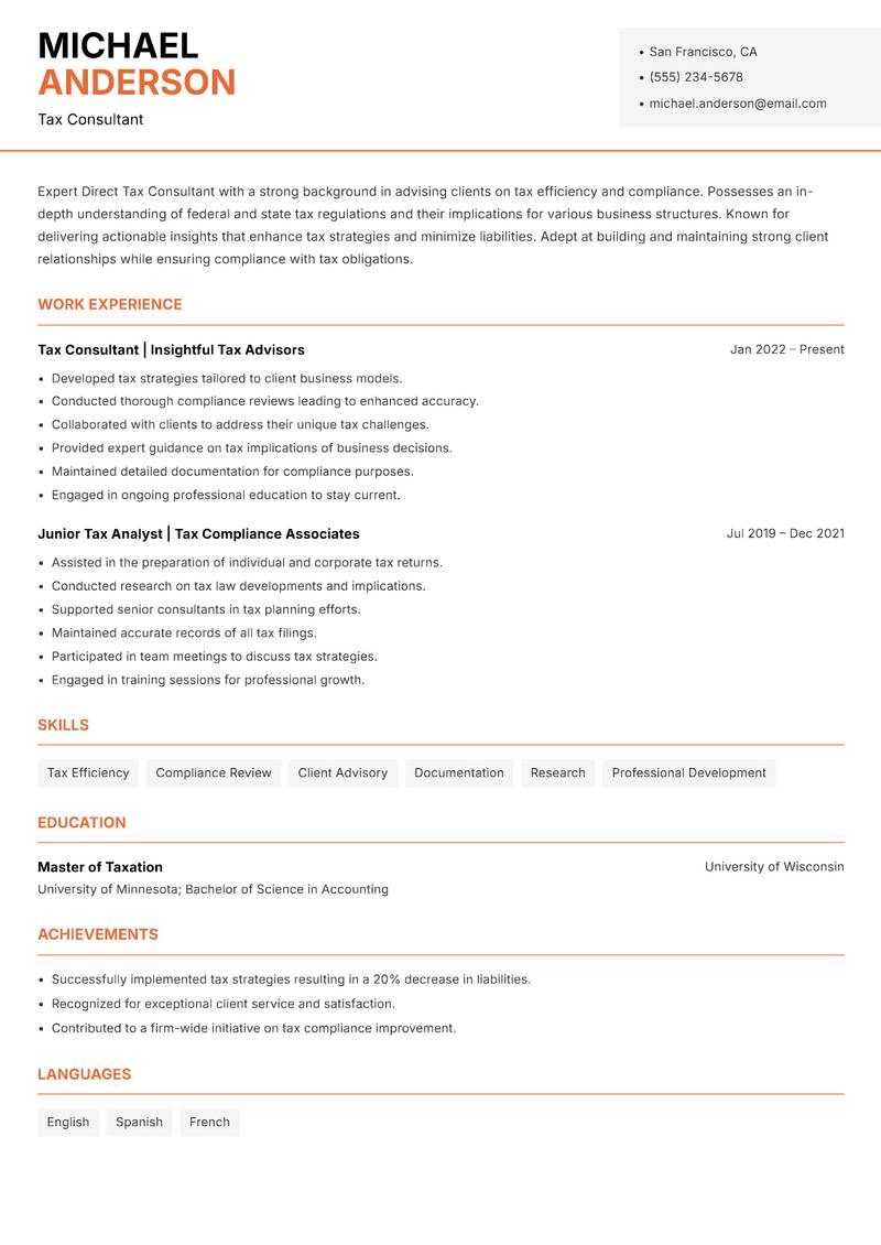 Direct Tax Consultant resume template — Modern Professional