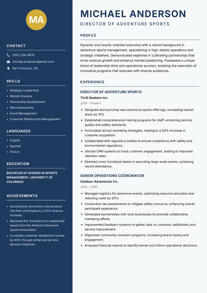 Director of Adventure Sports resume template — Classic Clean