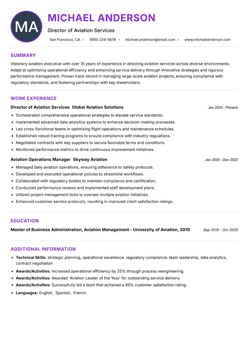 Director of Aviation Services resume example — ATS-friendly template