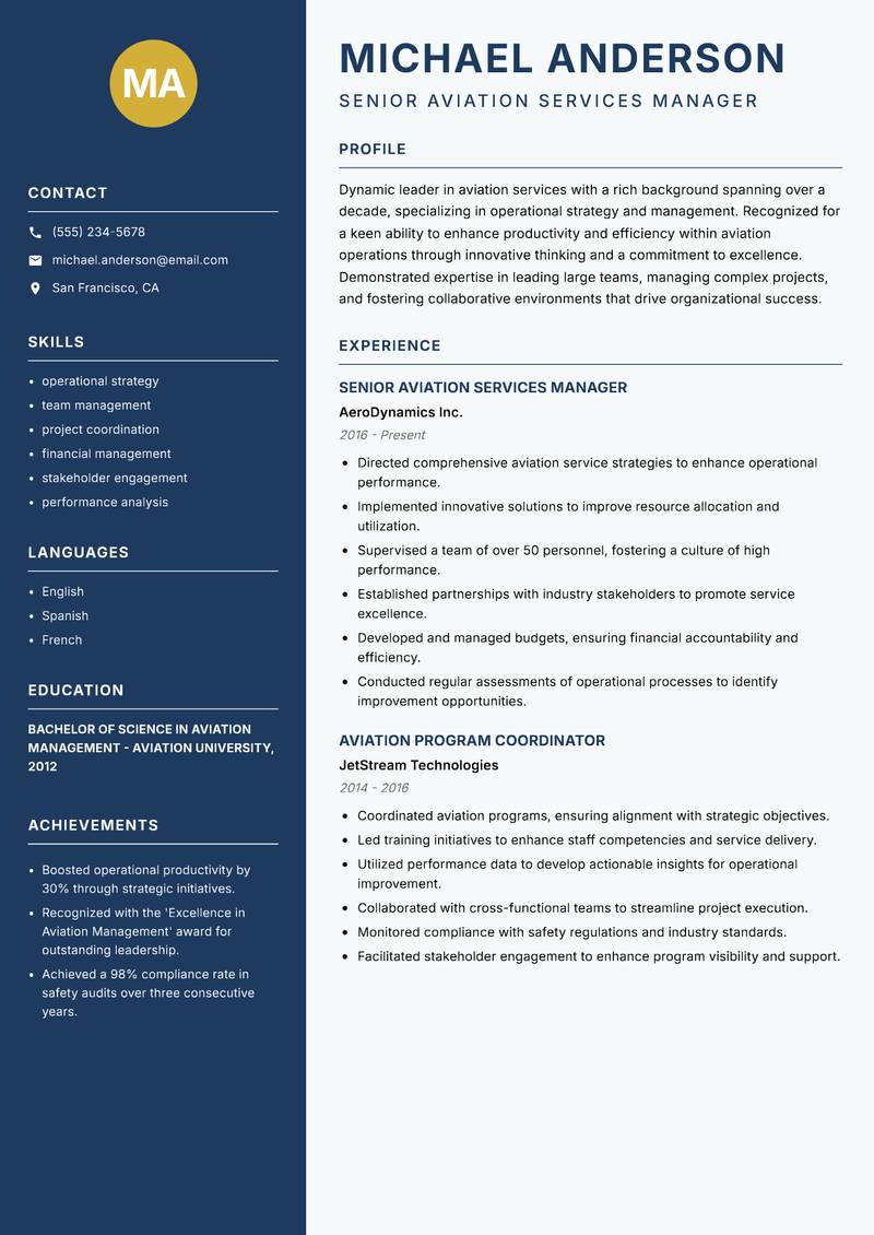 Director of Aviation Services resume template — Classic Clean