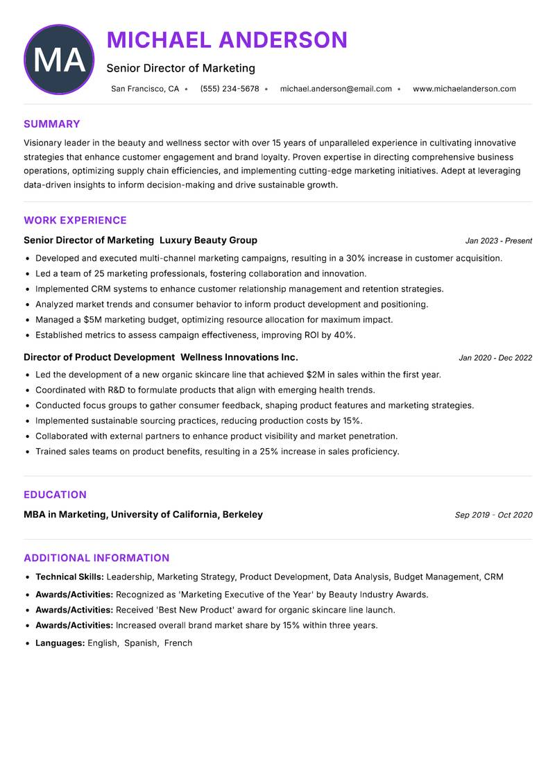 Director of Beauty and Wellness resume example — ATS-friendly template