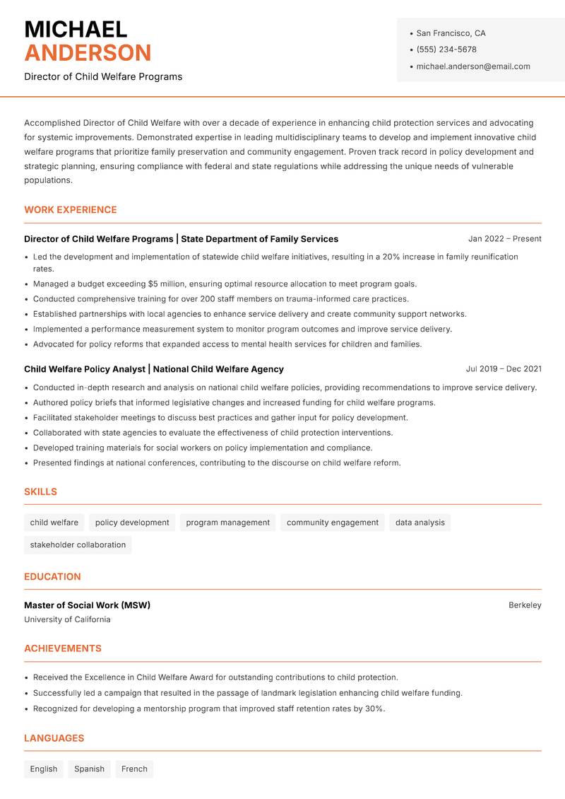 Director of Child Welfare resume template — Modern Professional