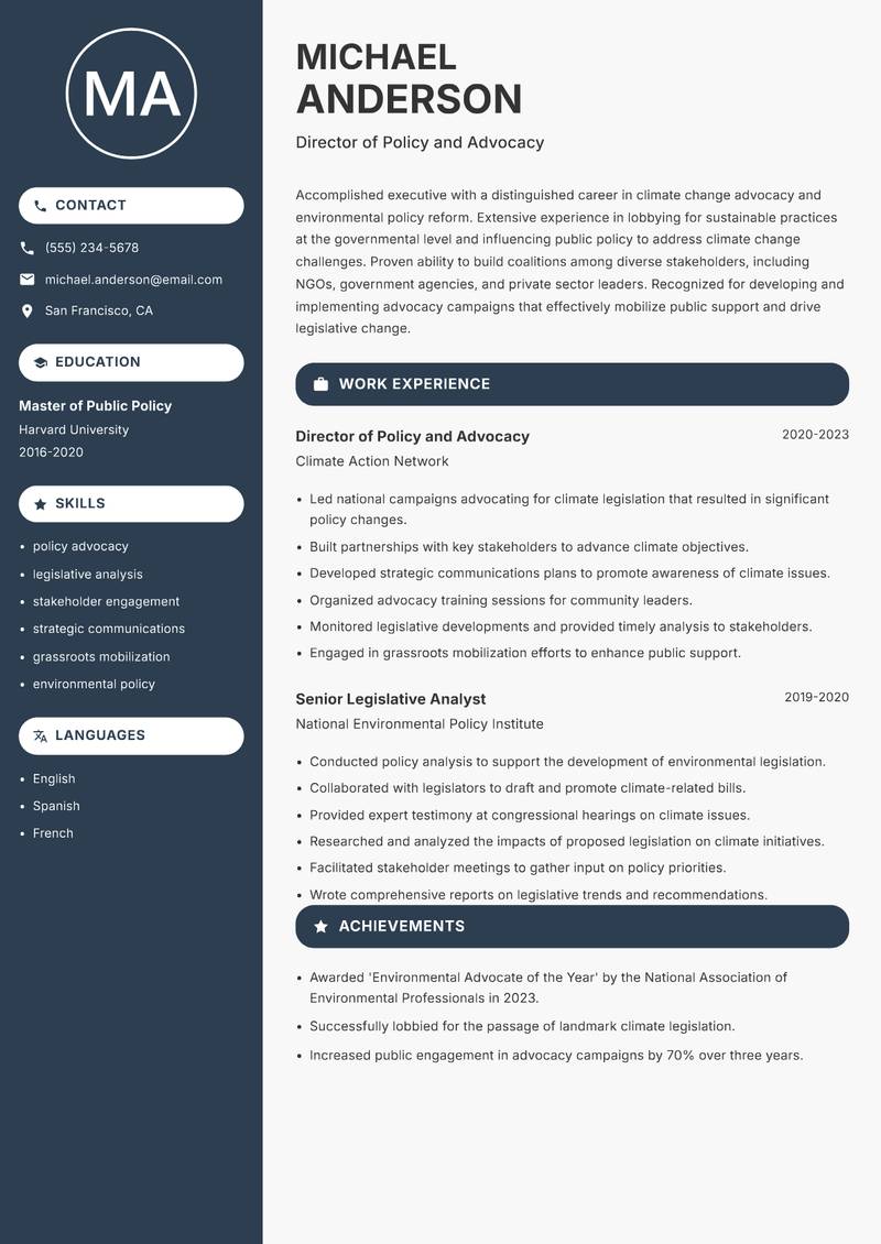 Director of Climate Change resume template — Compact