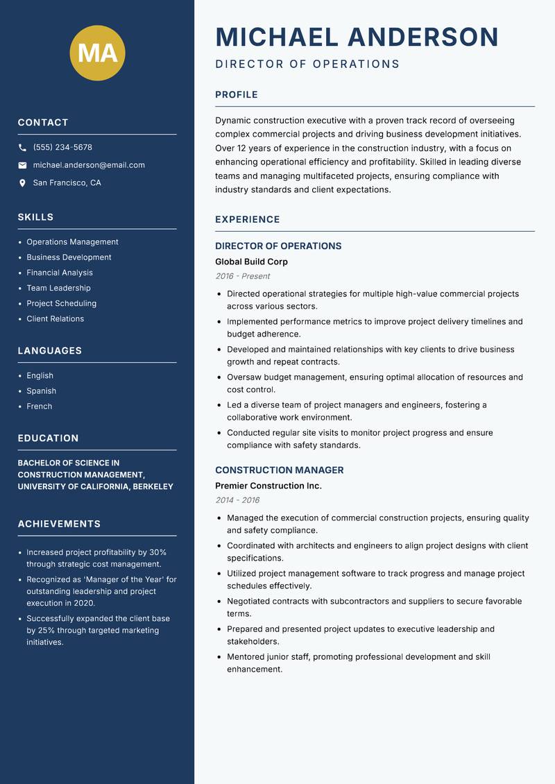 Director of Construction resume template — Classic Clean