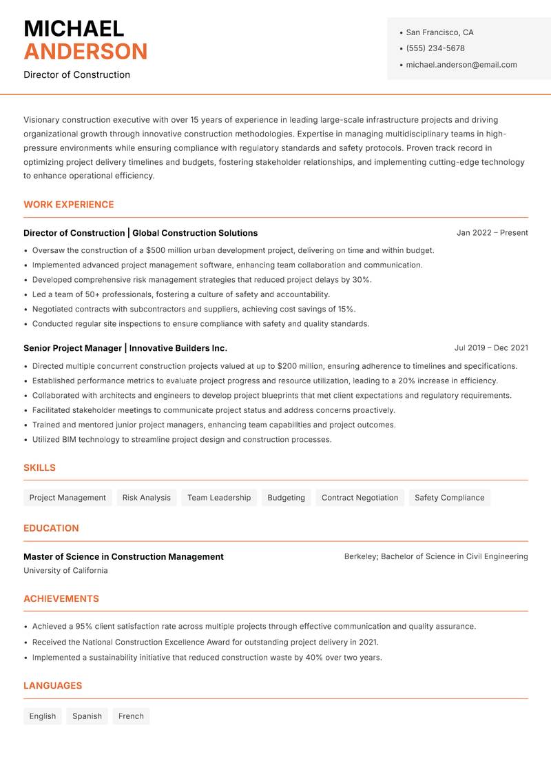 Director of Construction resume template — Modern Professional