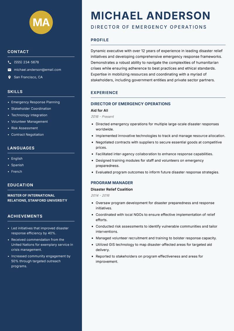 Director of Disaster Relief resume template — Classic Clean