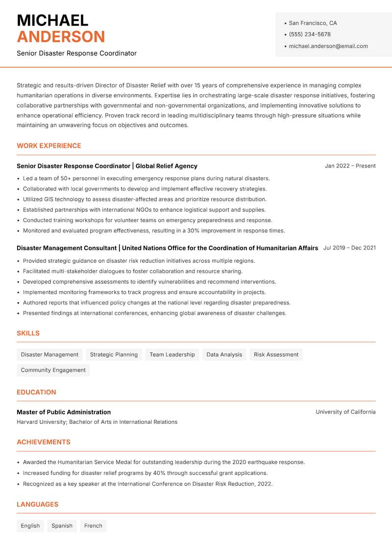 Director of Disaster Relief resume template — Modern Professional
