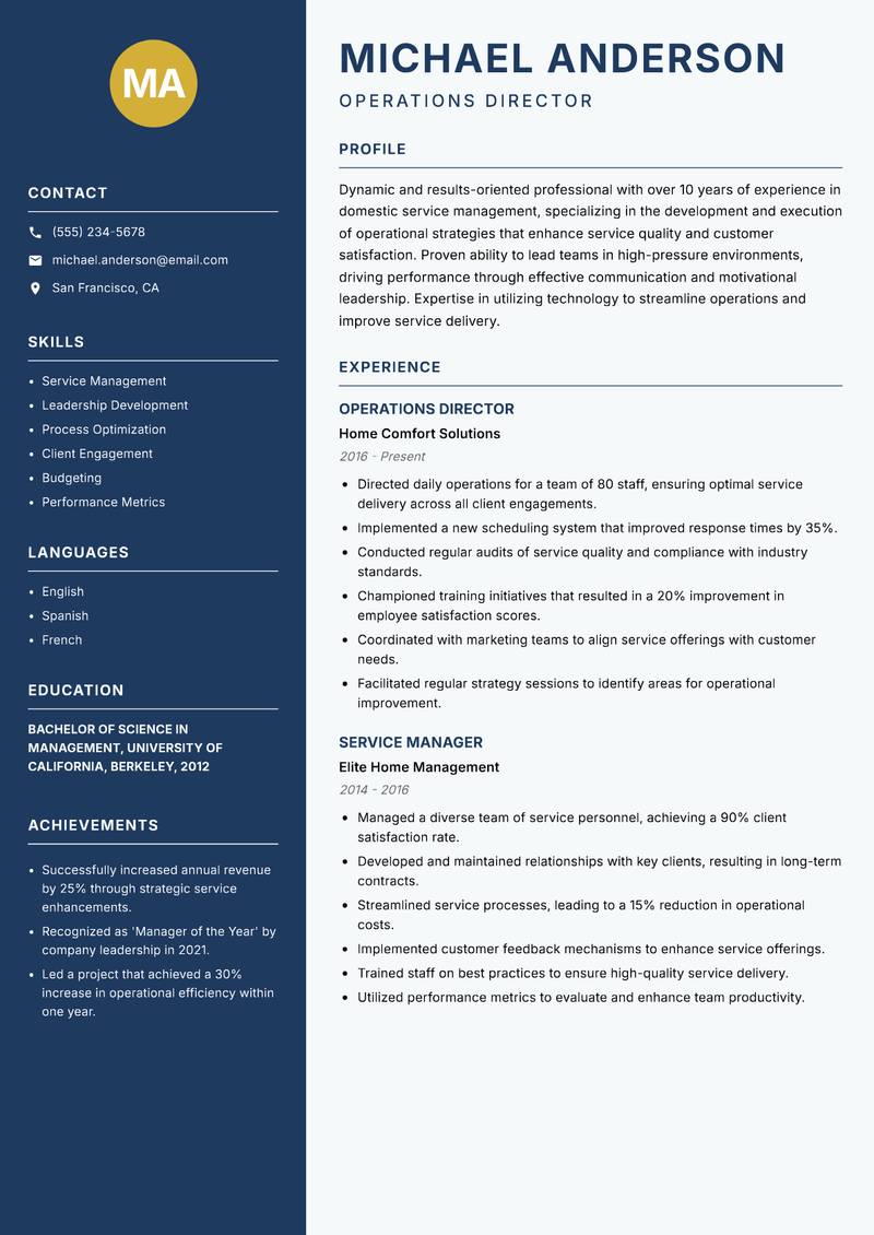 Director of Domestic Services resume template — Classic Clean