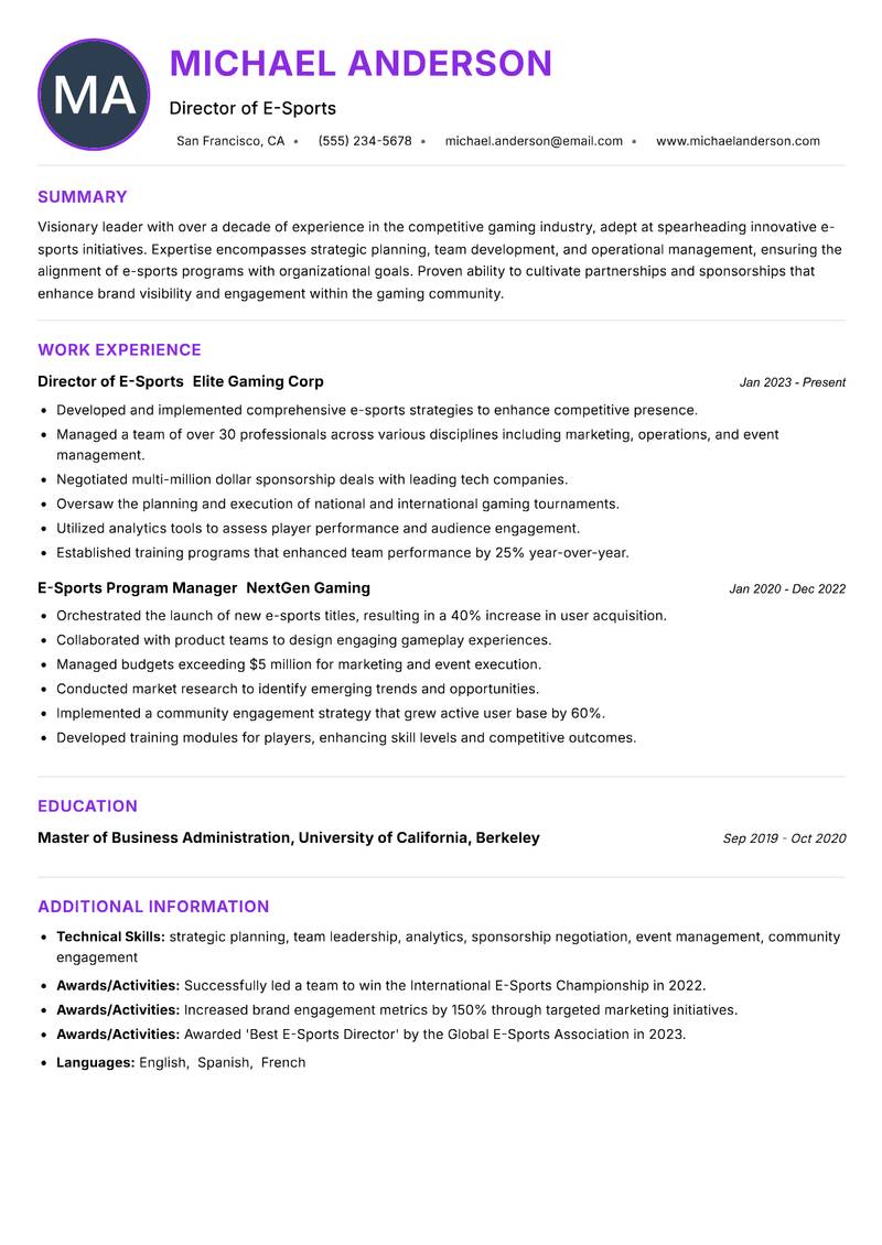 Director of E-Sports resume example — ATS-friendly template