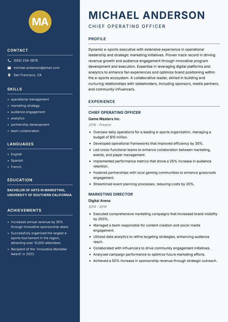 Director of E-Sports resume template — Classic Clean