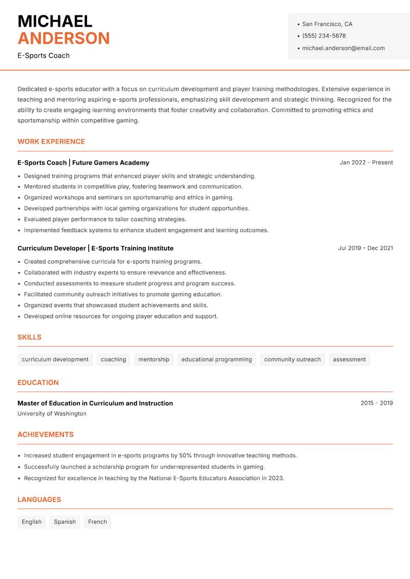 Director of E-Sports resume template — Modern Professional