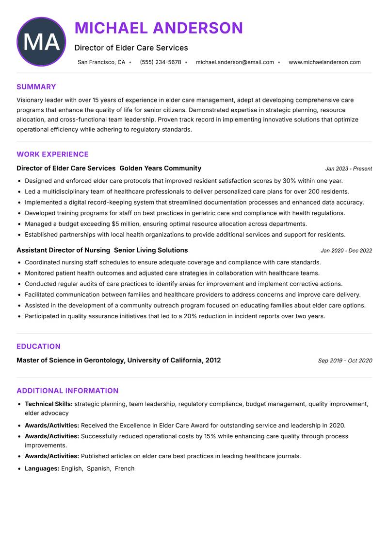 Director of Elder Care resume example — ATS-friendly template