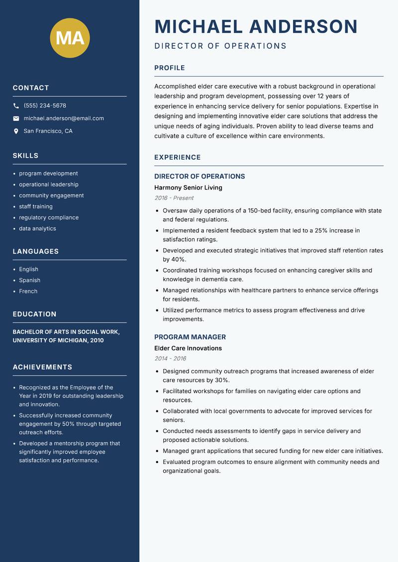 Director of Elder Care resume template — Classic Clean
