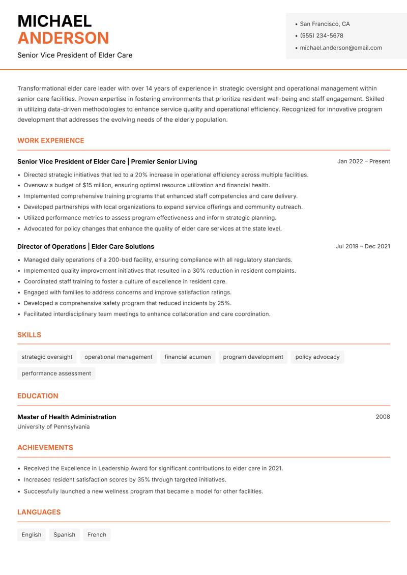 Director of Elder Care resume template — Modern Professional