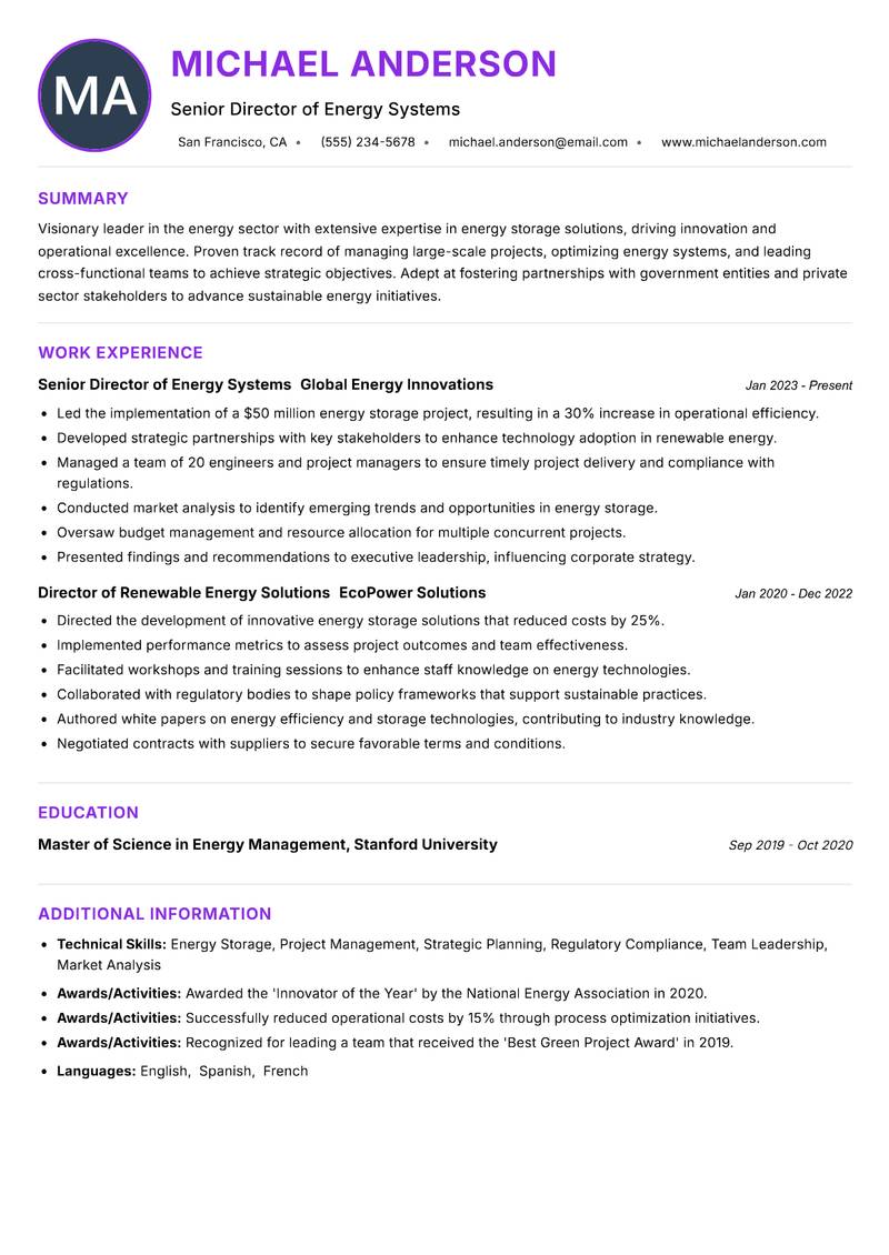Director of Energy Storage resume example — ATS-friendly template