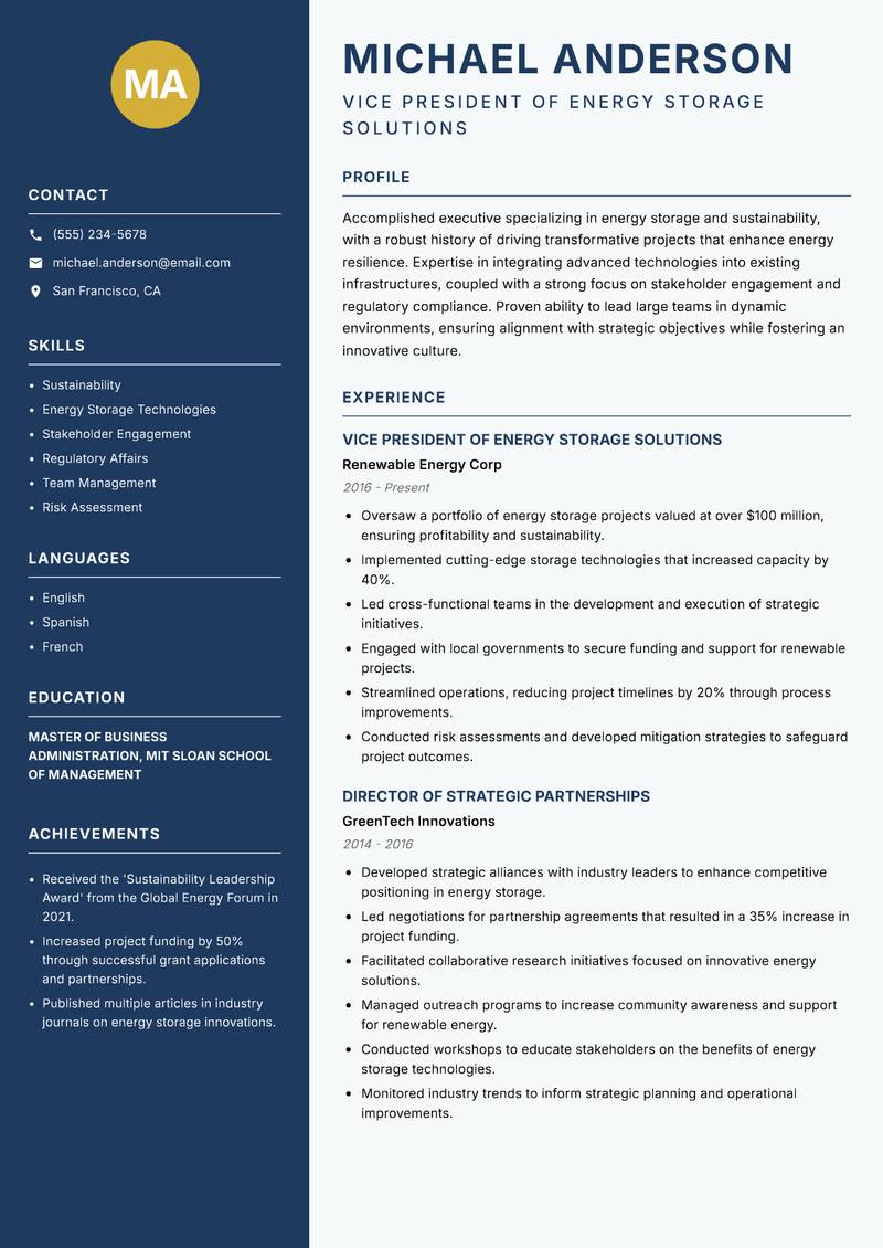 Director of Energy Storage resume template — Classic Clean