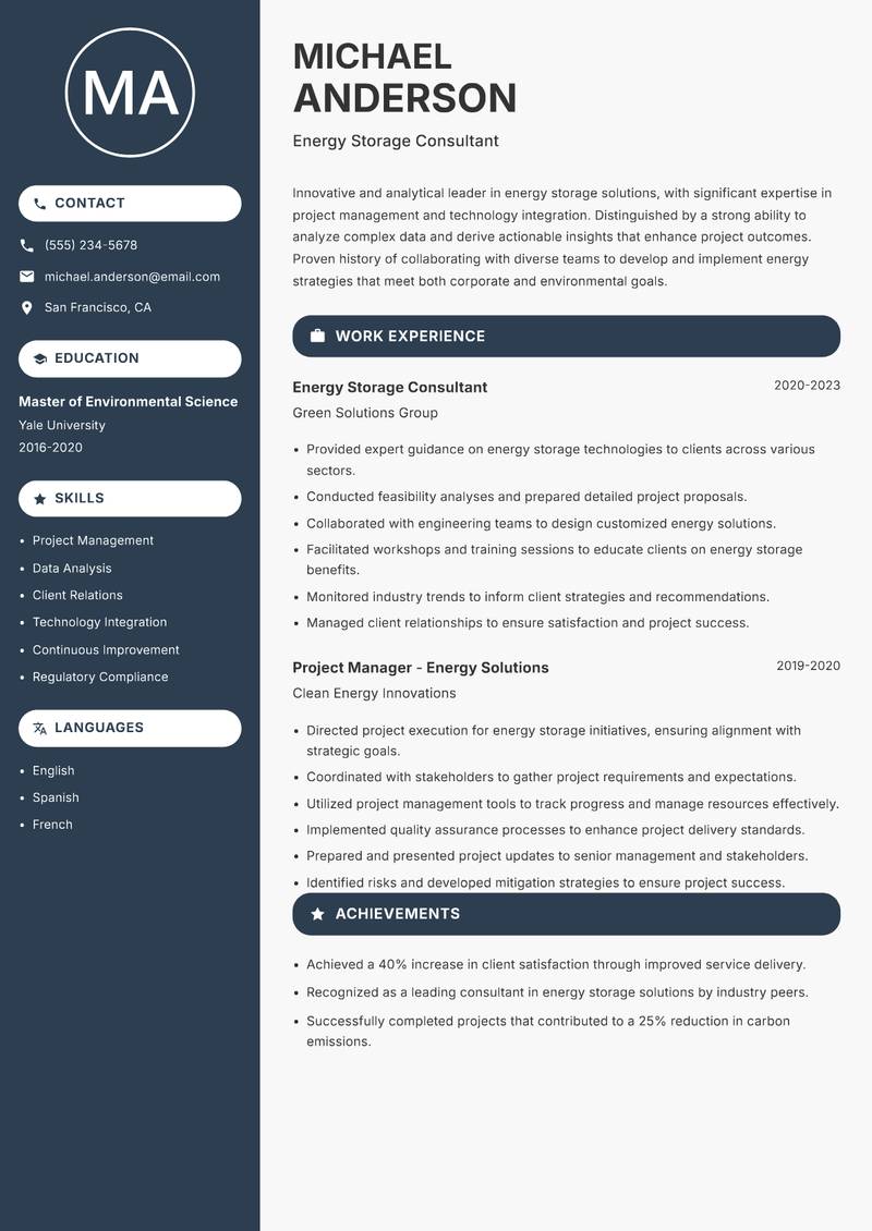 Director of Energy Storage resume template — Compact