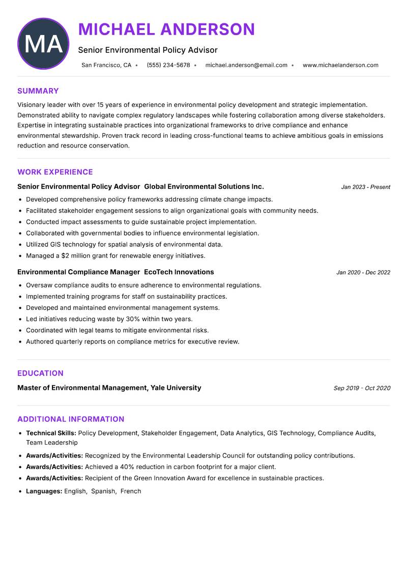 Director of Environmental Protection resume example — ATS-friendly template