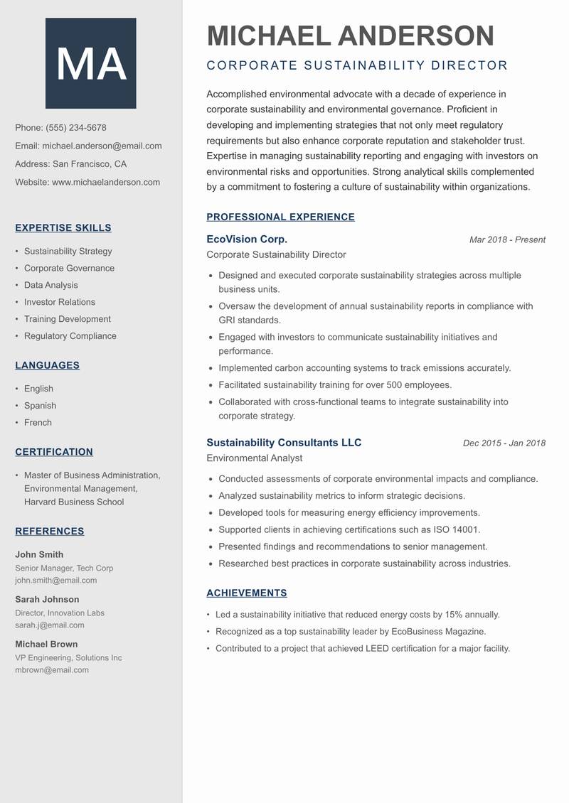 Director of Environmental Protection resume template — Creative Minimal