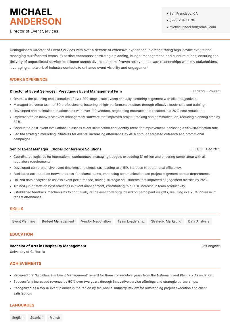 Director of Event Services resume template — Modern Professional