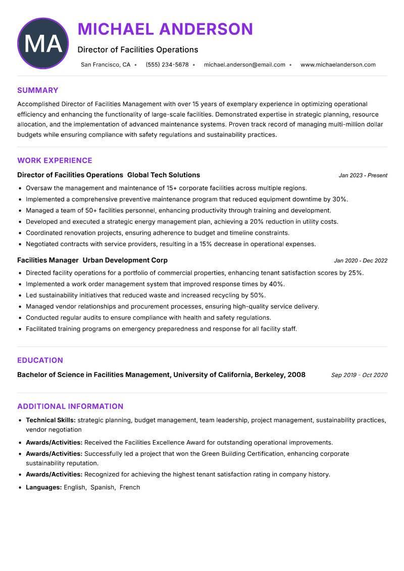 Director of Facilities Management resume example — ATS-friendly template