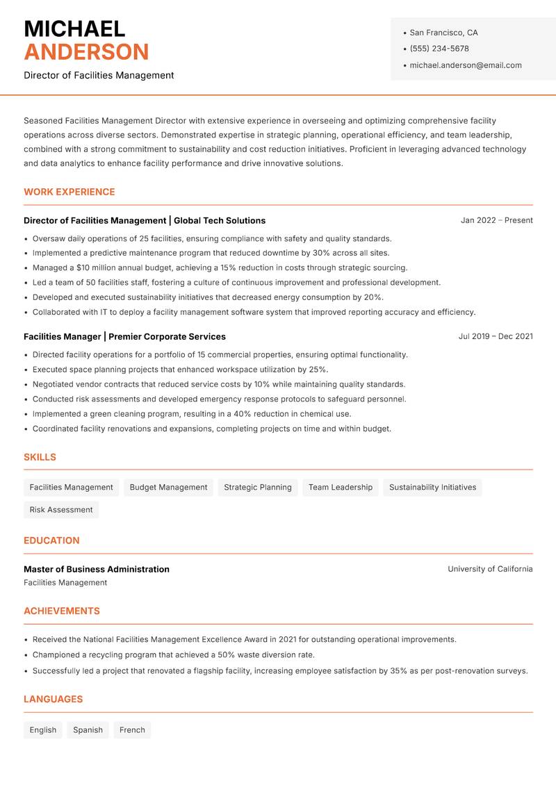 Director of Facilities Management resume template — Modern Professional