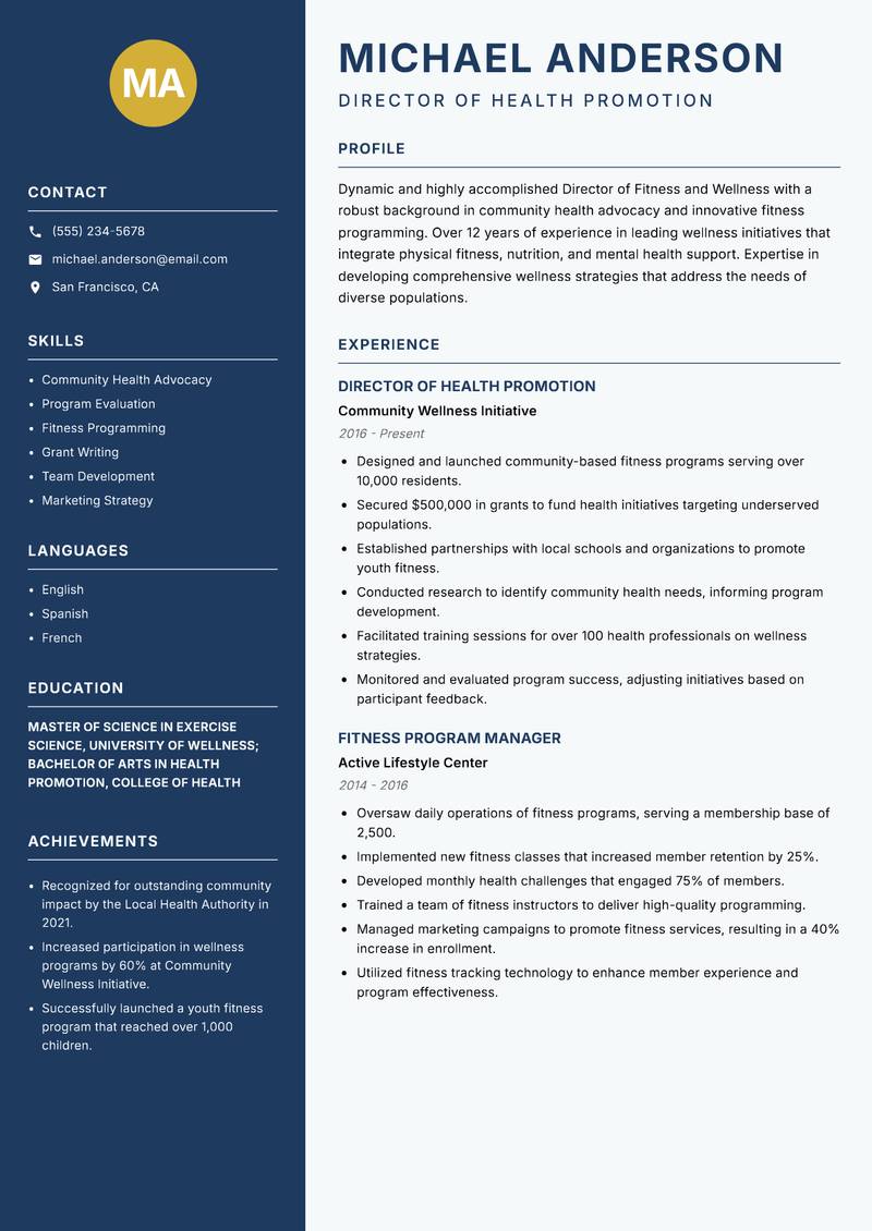 Director of Fitness and Wellness resume template — Classic Clean