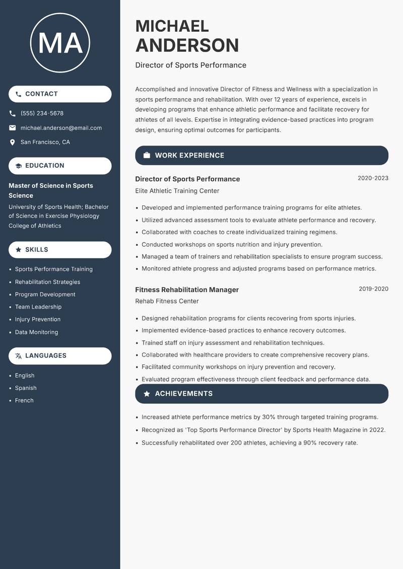 Director of Fitness and Wellness resume template — Compact