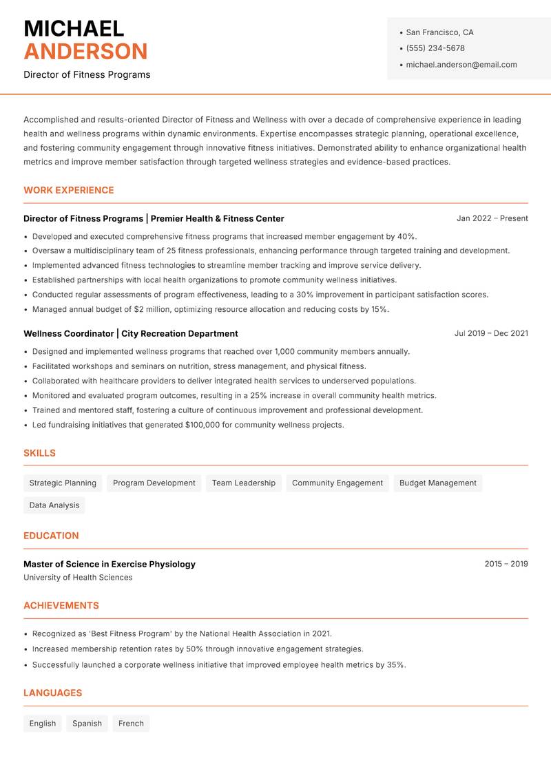 Director of Fitness and Wellness resume template — Modern Professional
