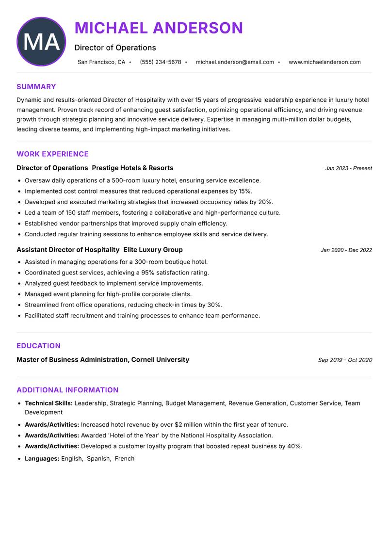 Director of Hospitality resume example — ATS-friendly template