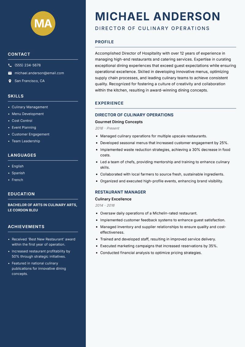 Director of Hospitality resume template — Classic Clean