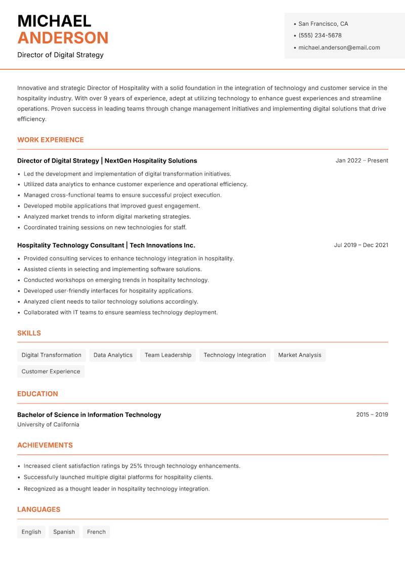 Director of Hospitality resume template — Modern Professional