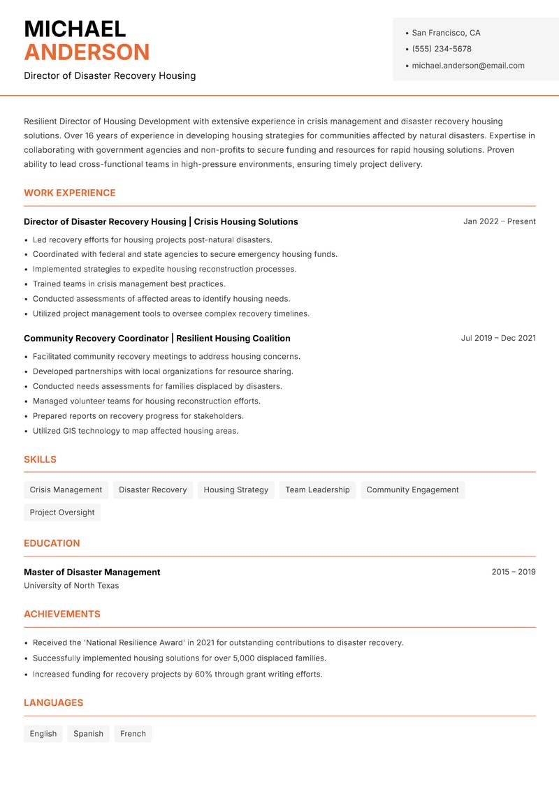Director of Housing Development resume template — Modern Professional