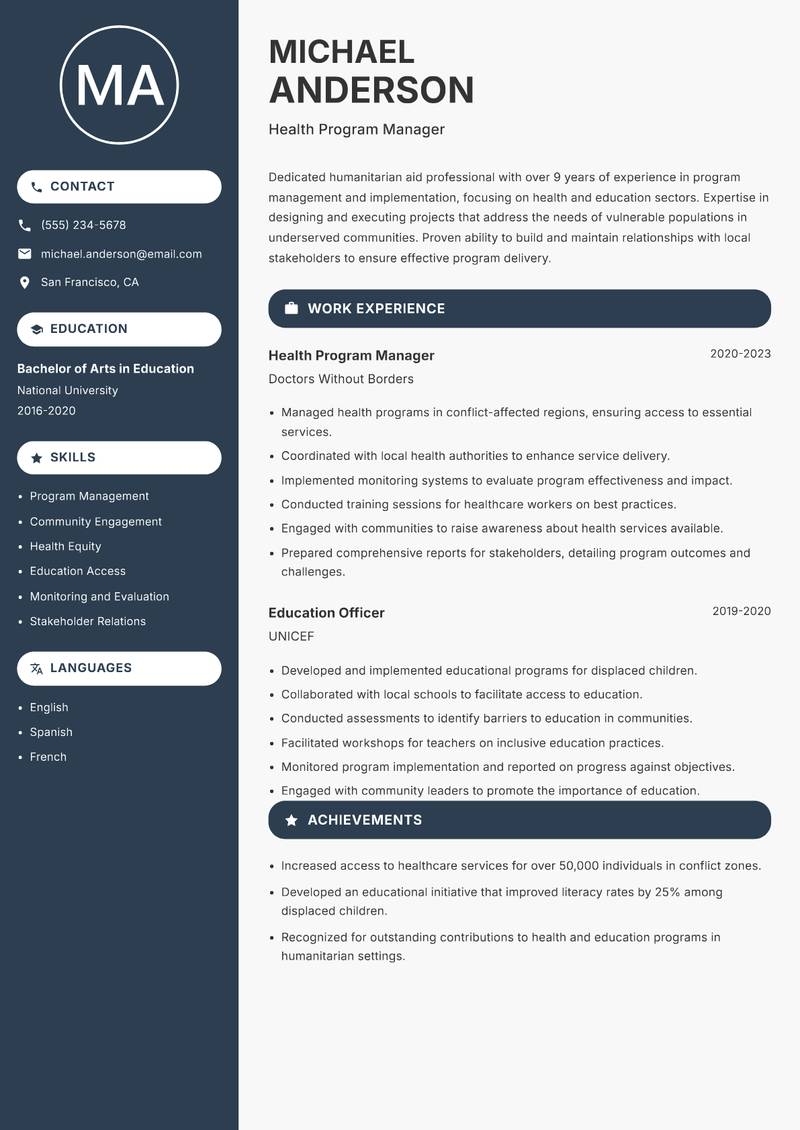 Director of Humanitarian Aid resume template — Compact