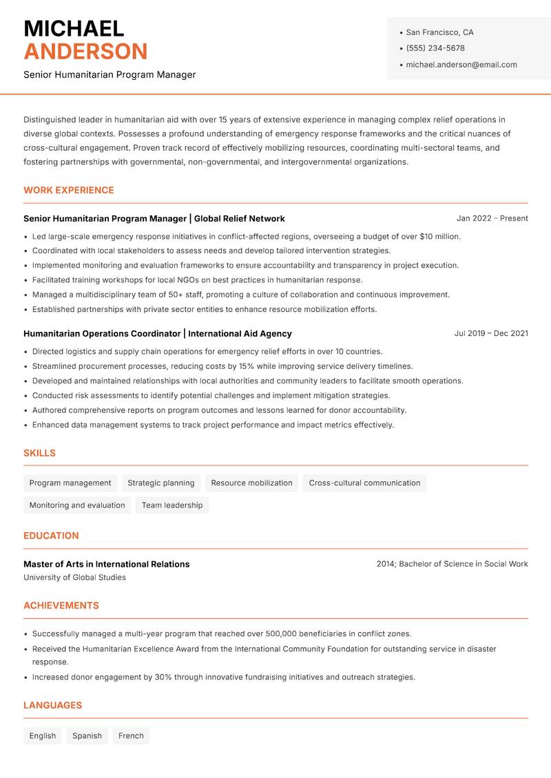 Director of Humanitarian Aid resume template — Modern Professional