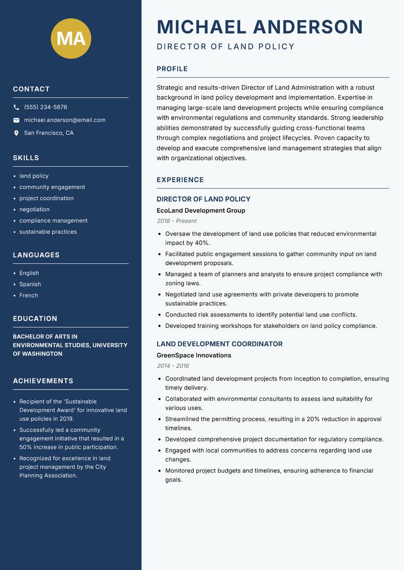 Director of Land Administration resume template — Classic Clean