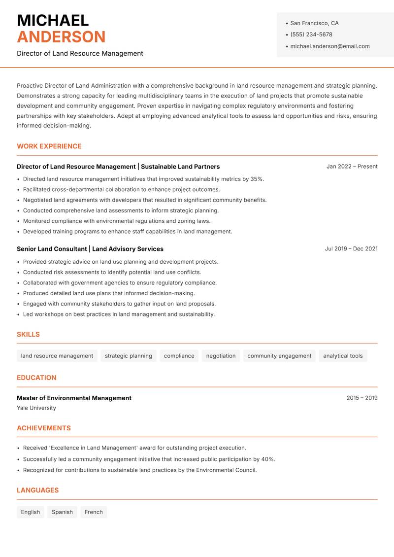 Director of Land Administration resume template — Modern Professional