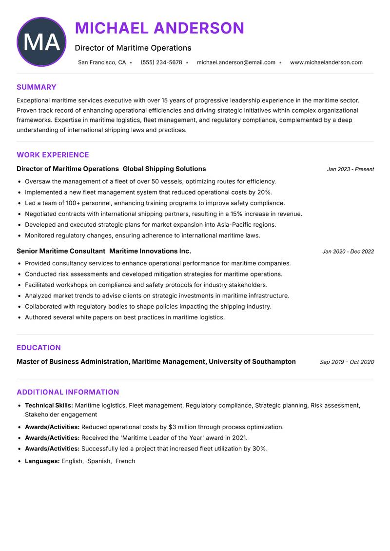 Director of Maritime Services resume example — ATS-friendly template