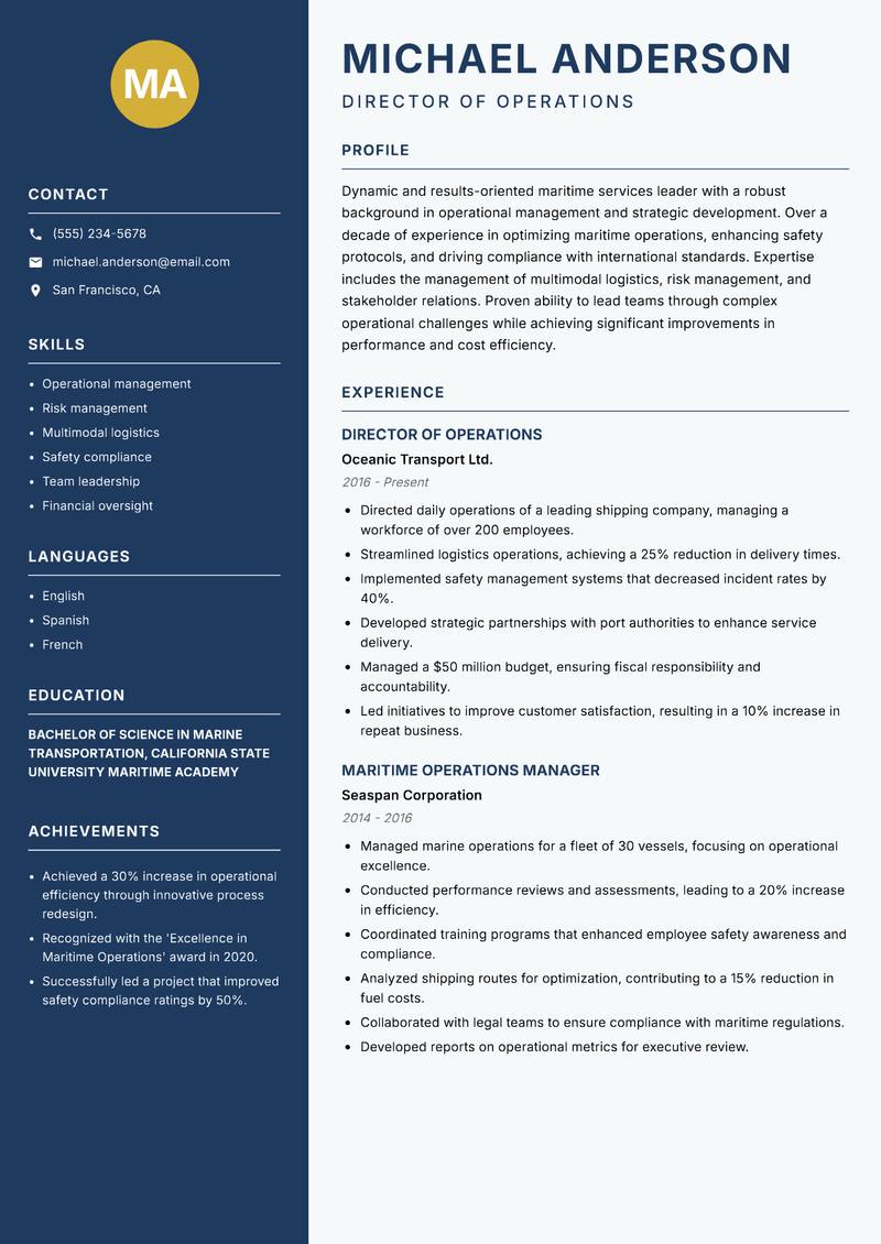 Director of Maritime Services resume template — Classic Clean